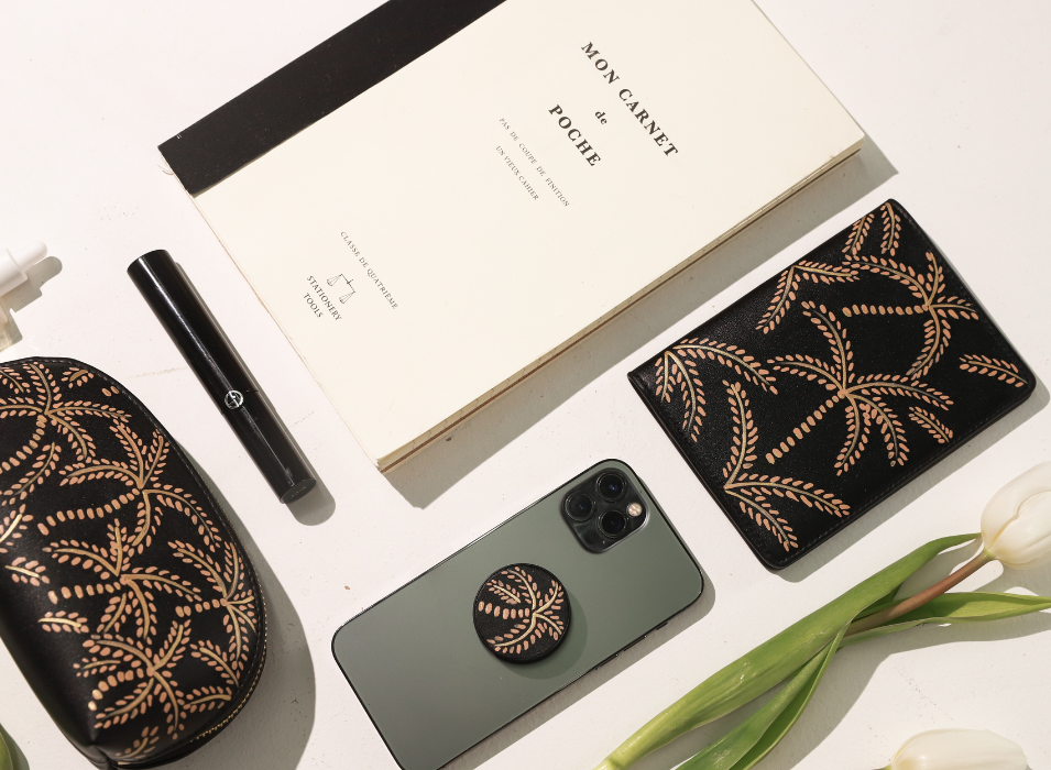 Beige Abstract Palms Black Makeup Bag