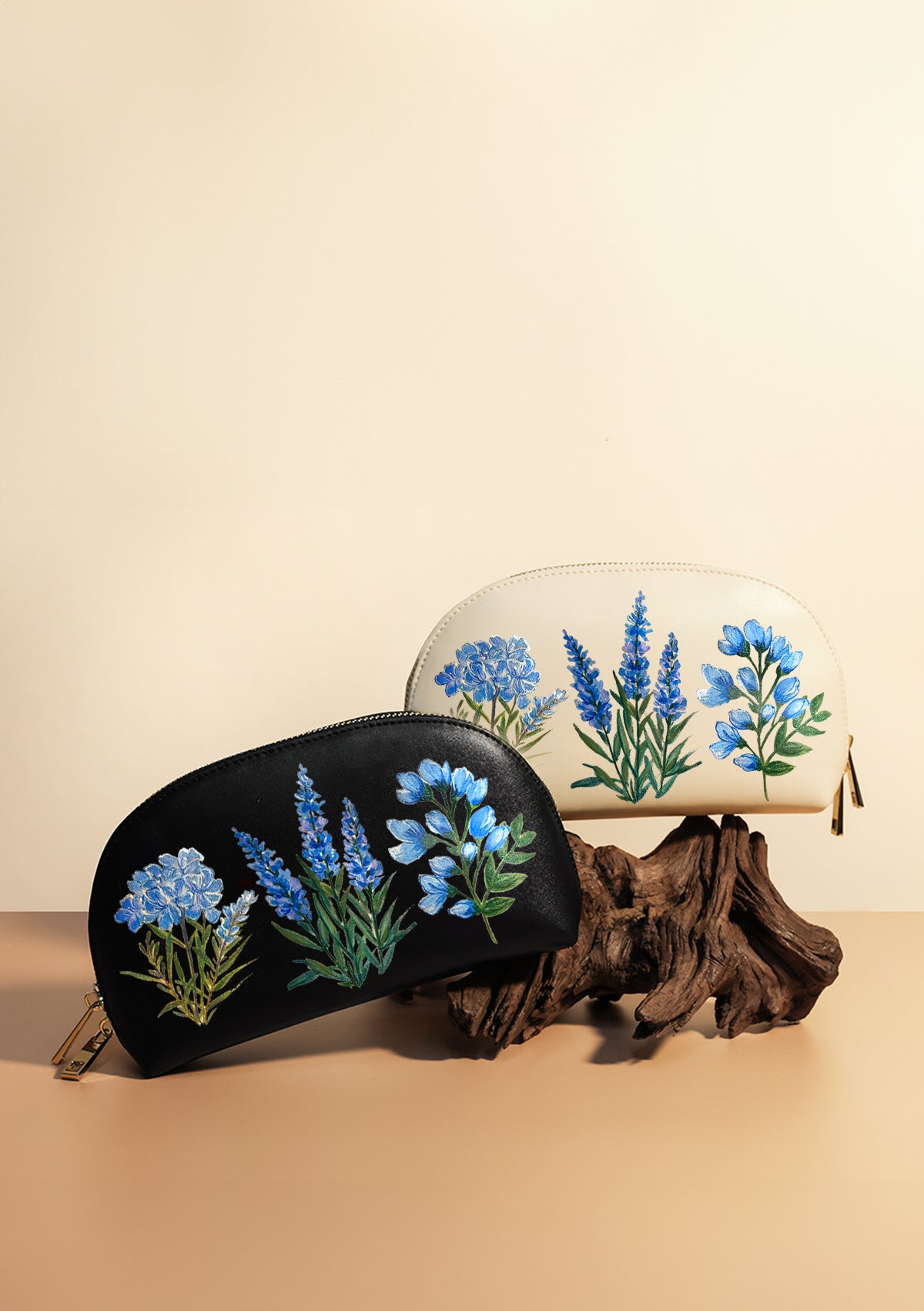 Blue Flowers Beige Makeup Bag