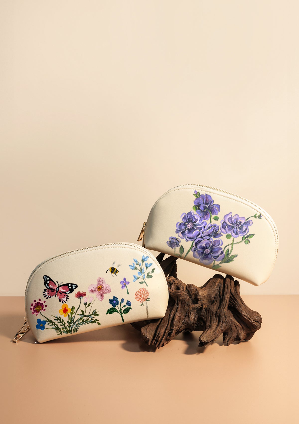 Pressed Flowers Beige Makeup Bag
