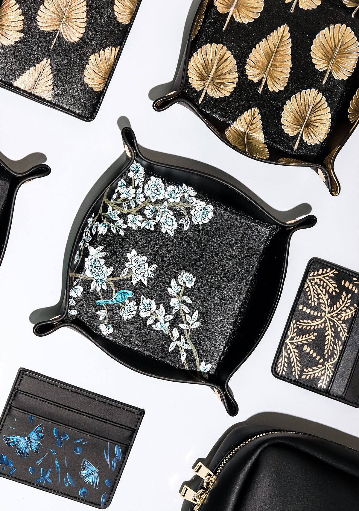 Beige Abstract Palms Black Cardholder