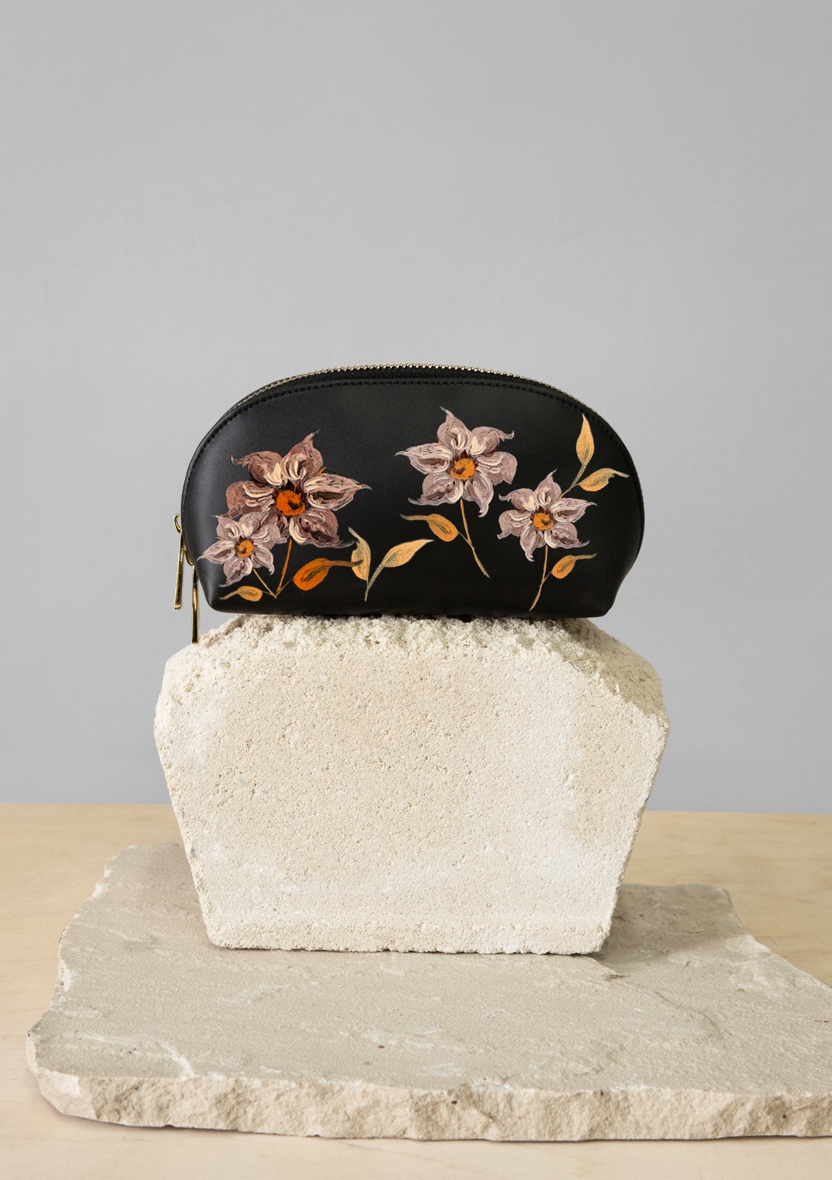 Caramel Florals Black Makeup Bag
