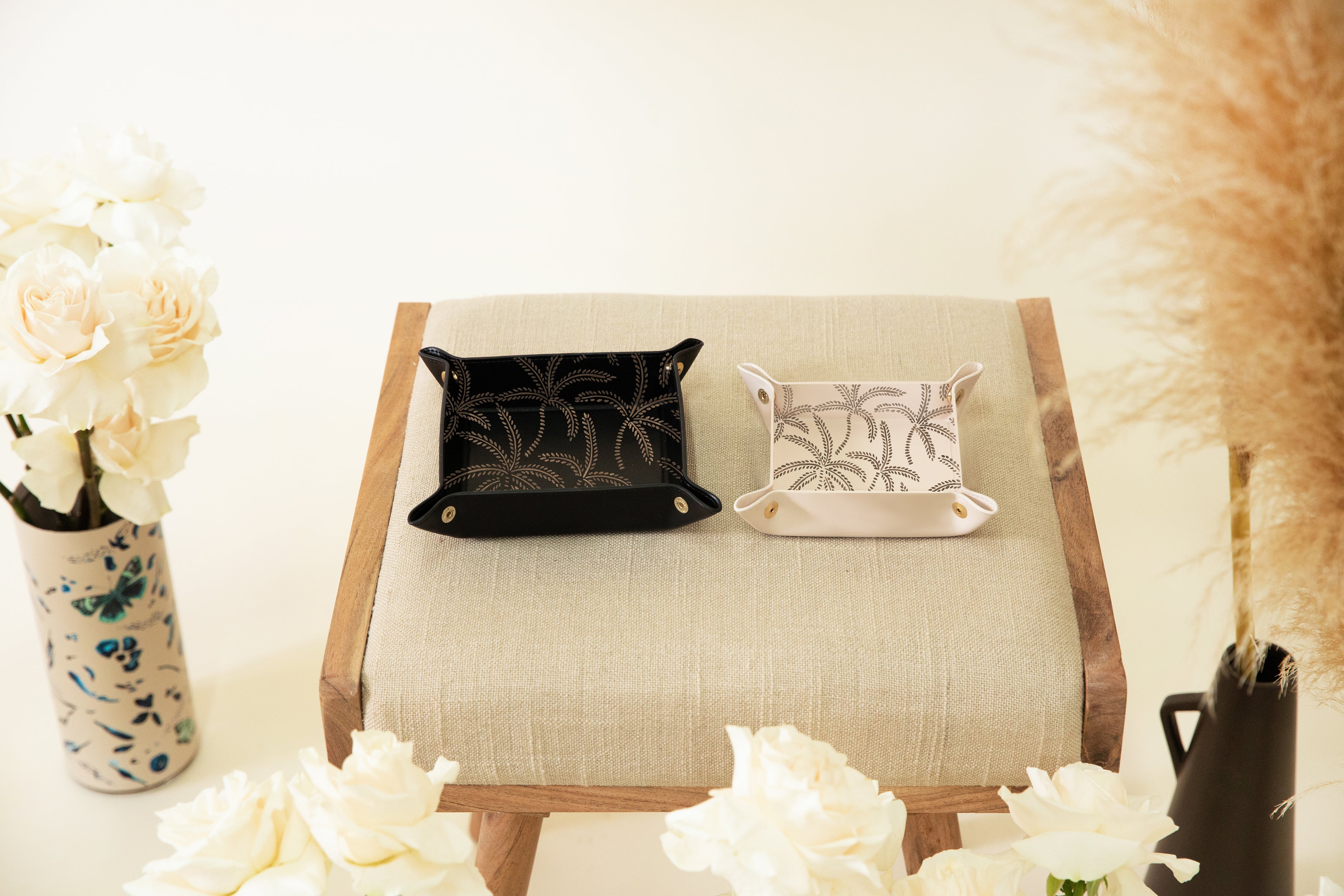 Beige Abstract Palms Black Tray