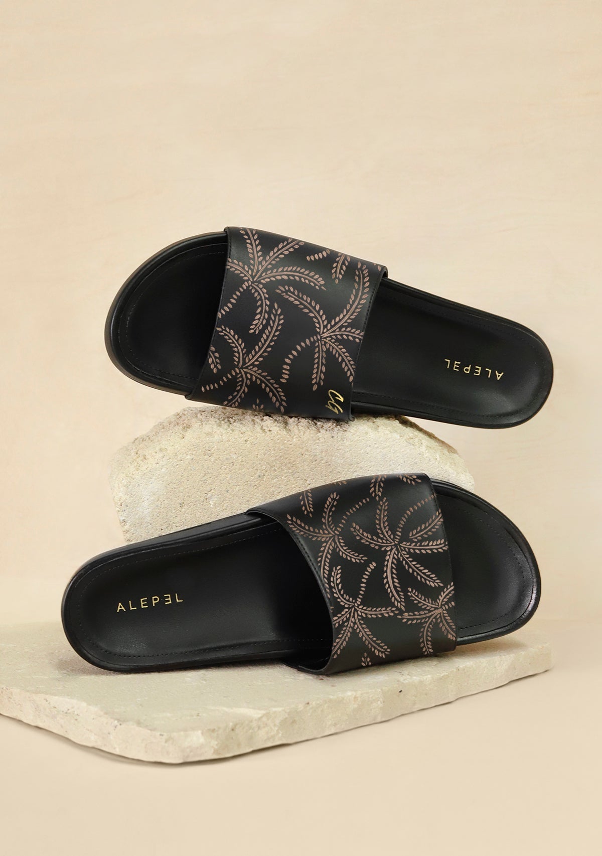 Beige Abstract Palms Black Slip On - ALEPEL