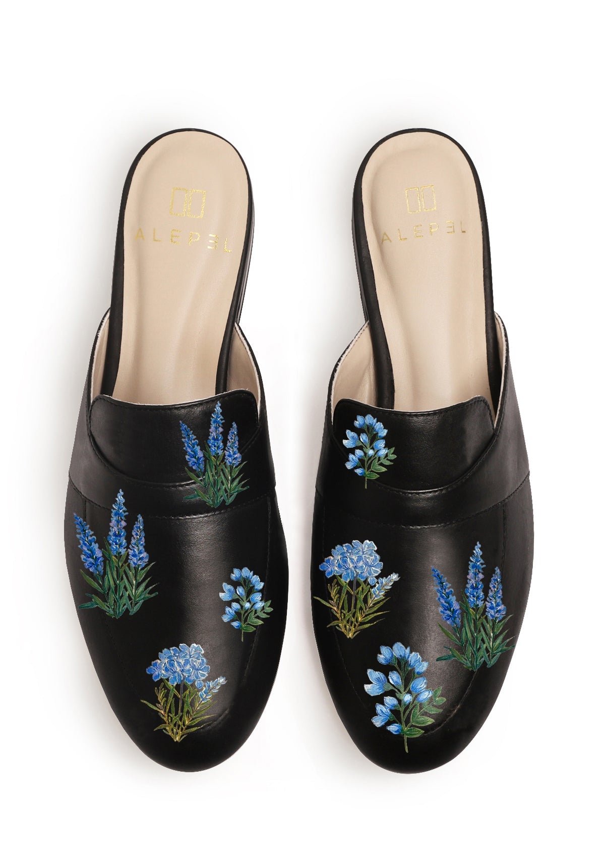 Blue Flowers Black Mule - ALEPEL