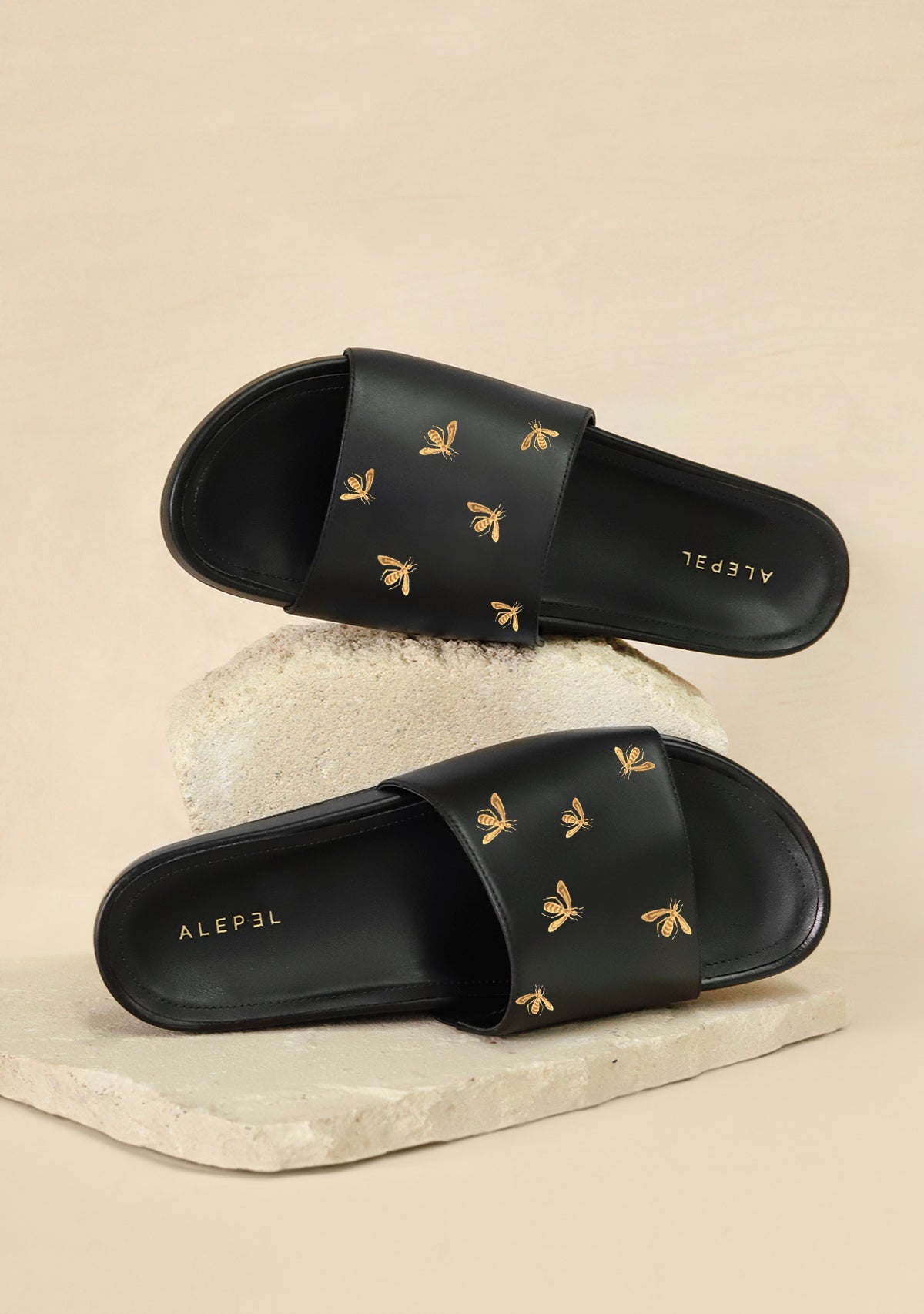 Gold Metallic Bees Black Slip On - ALEPEL