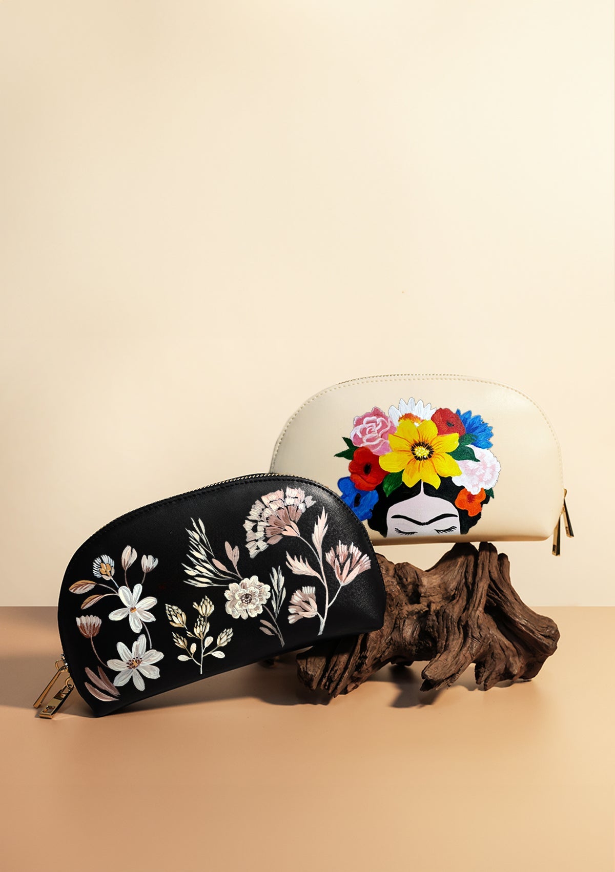Her Floral Crown Beige Makeup Bag - ALEPEL