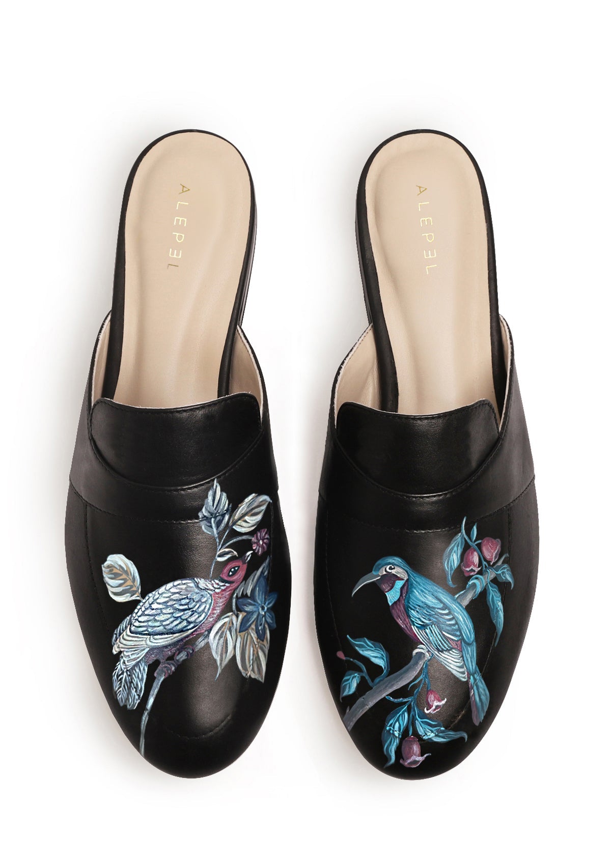 Plum Birds Black Mule - ALEPEL