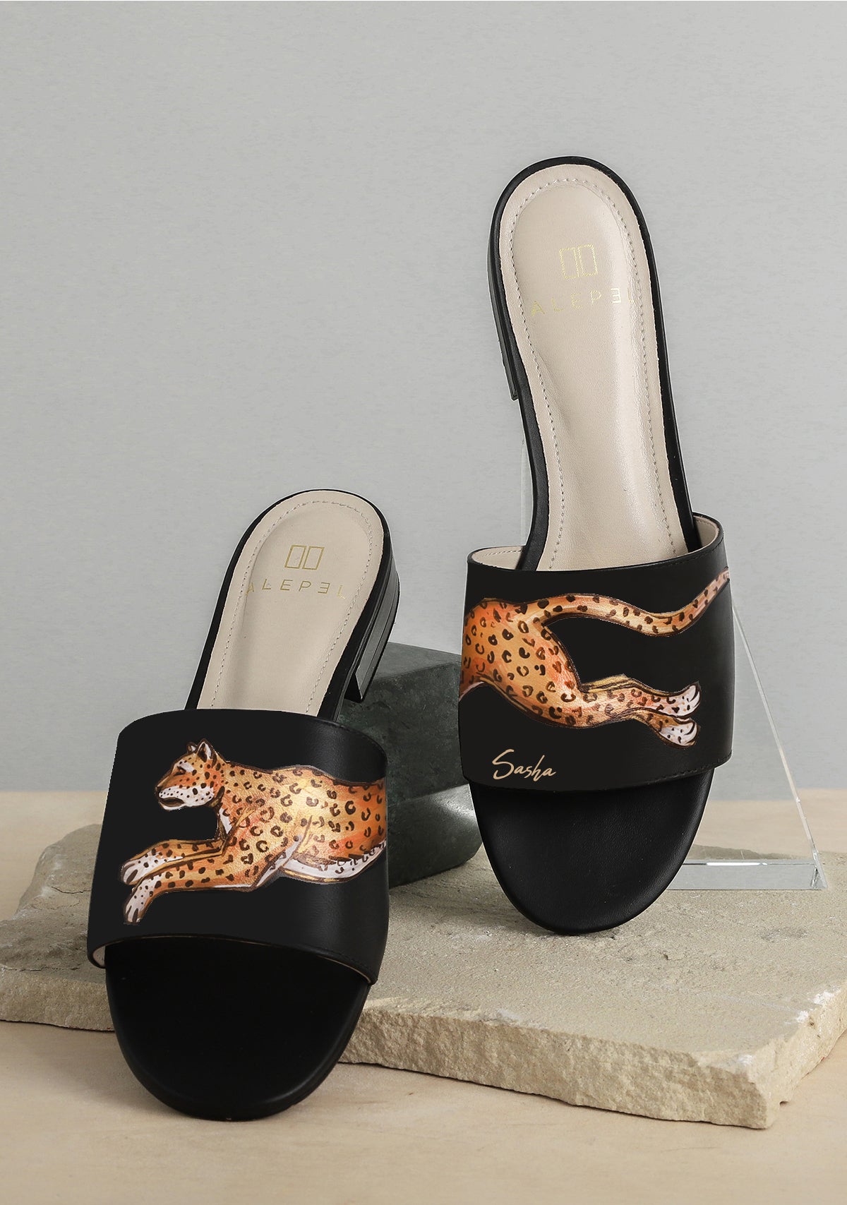 Black Leopard Leather Slide With Monogram