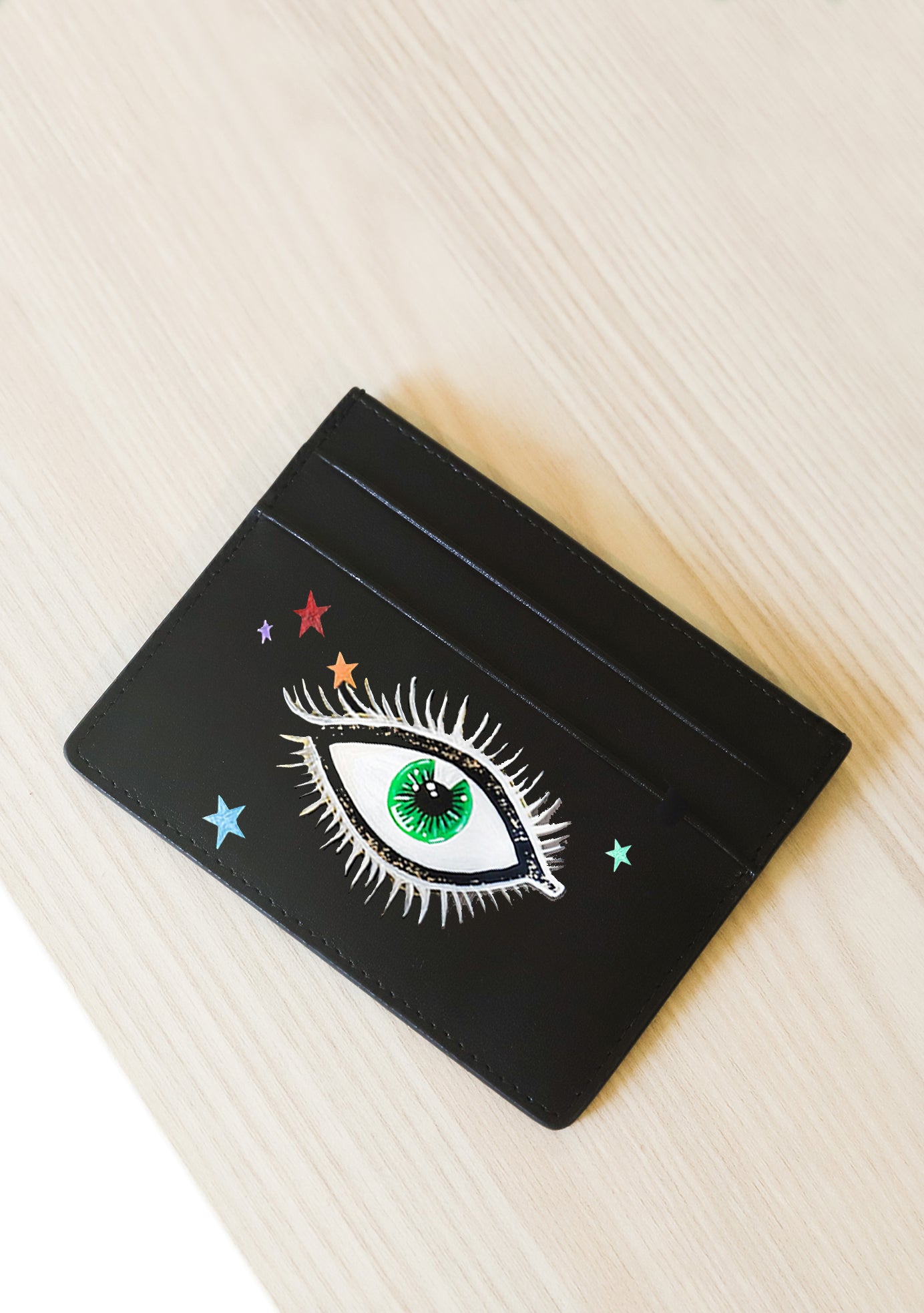 Eyes and Stars Black Leather Cardholder