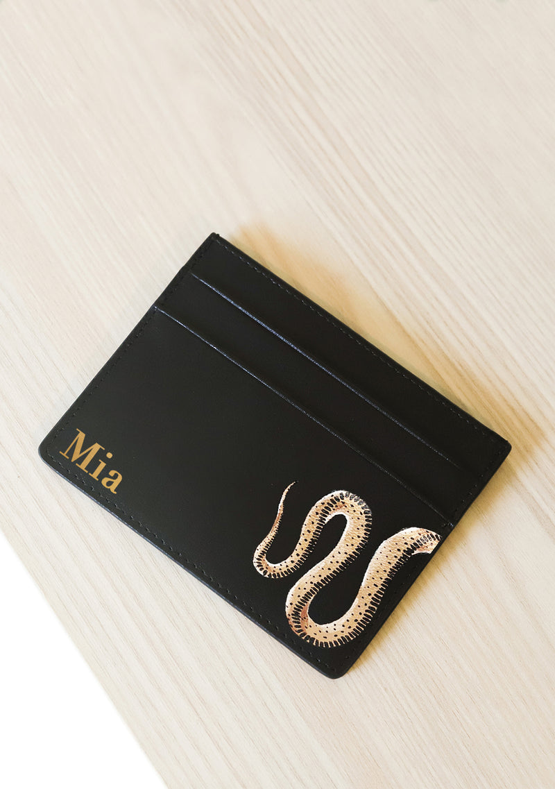 Black Leather Snake Patterned Cardholder with Monogram