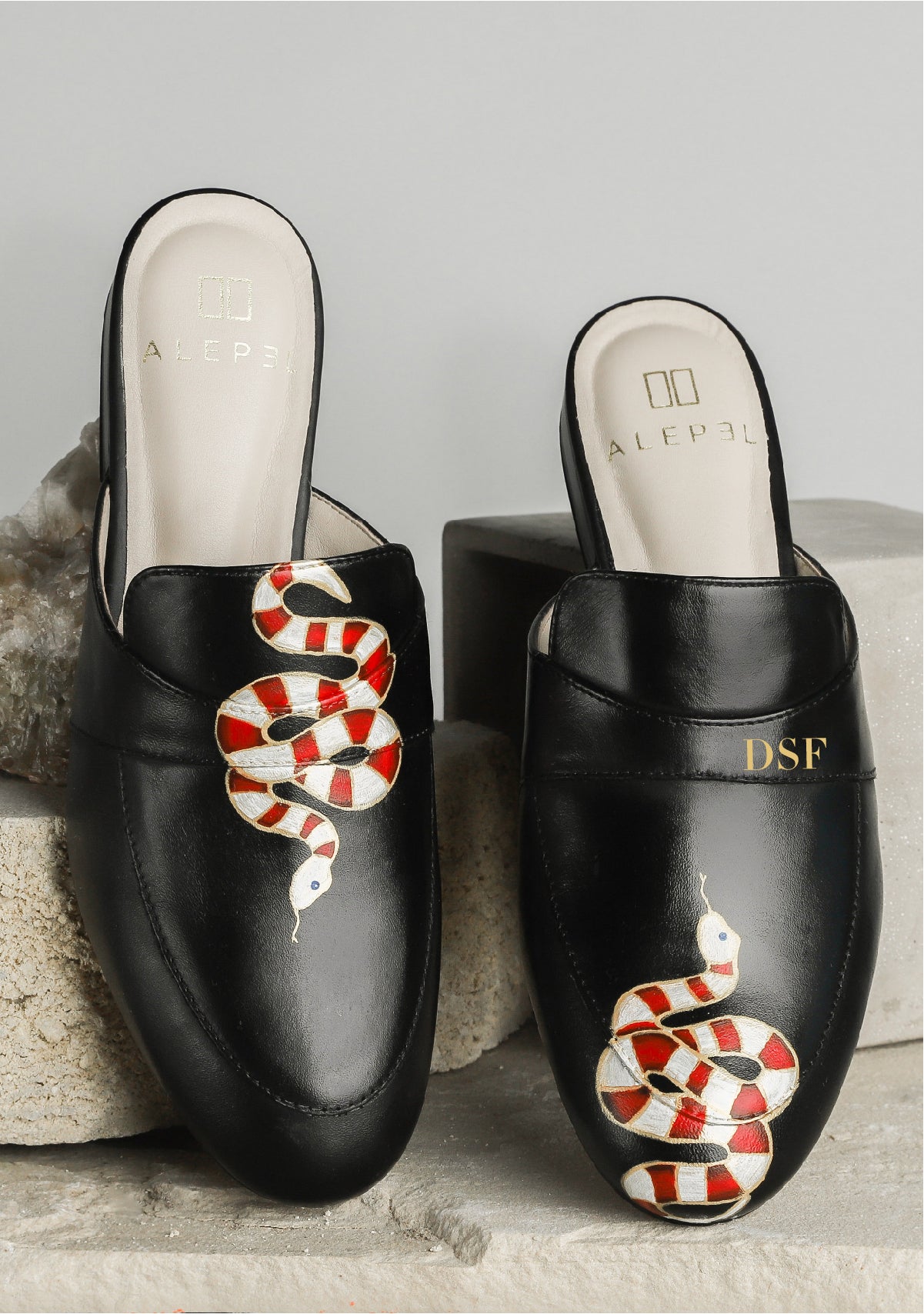 Gold and Red Snake Black Leather Mule