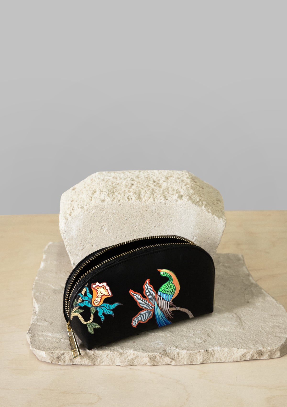 Bird Floral Black Makeup Bag