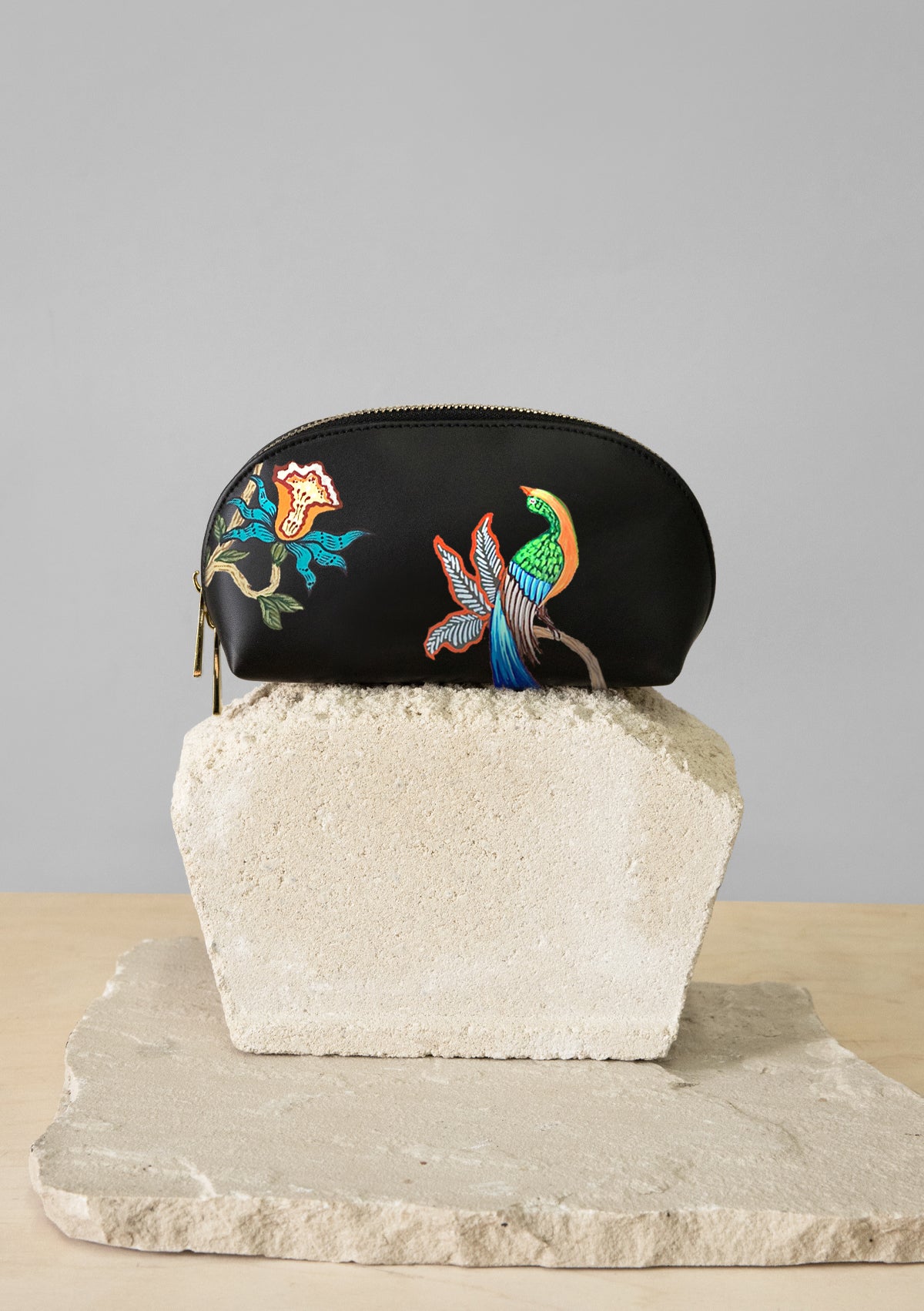 Bird Floral Black Makeup Bag