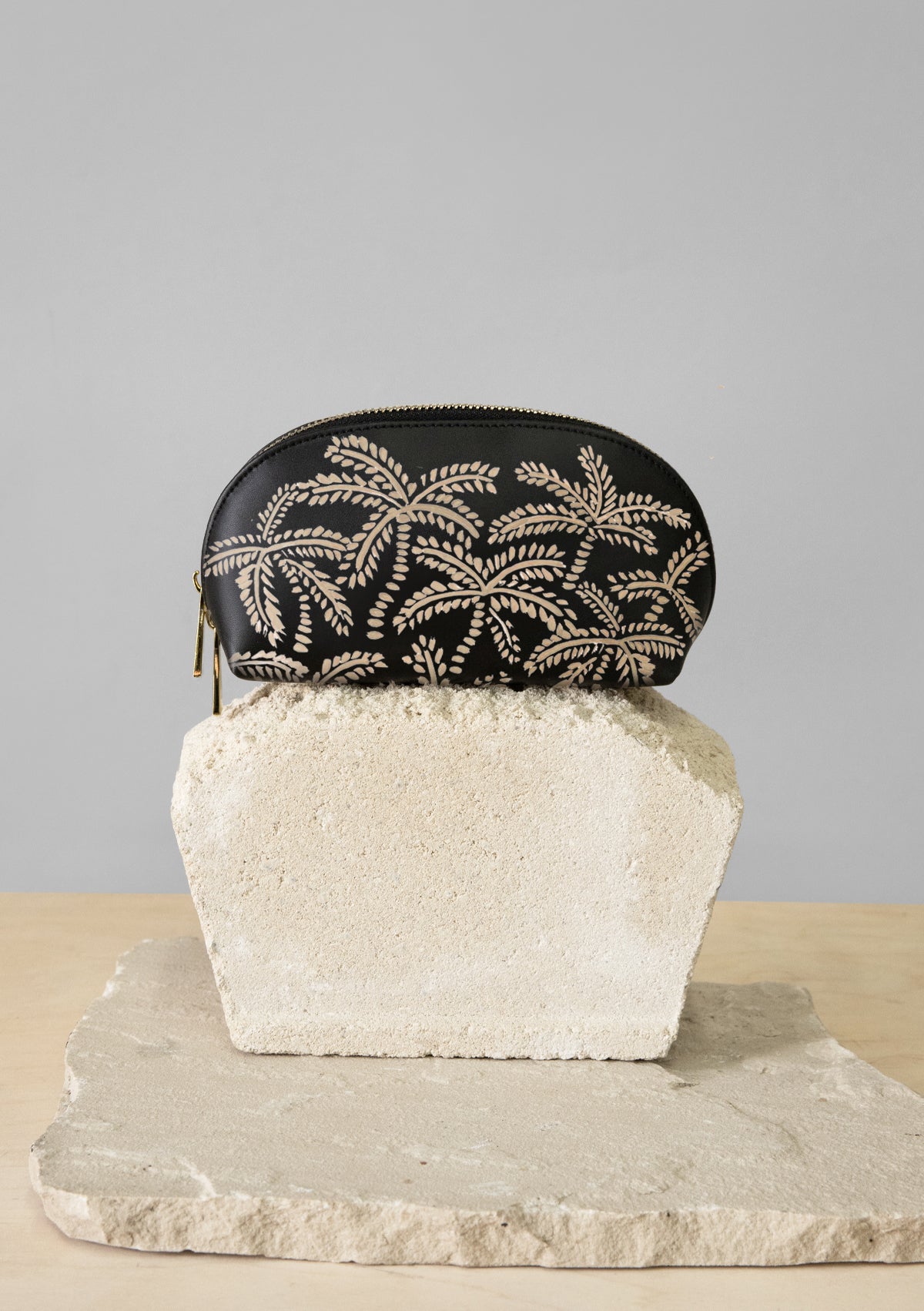 Beige Abstract Palms Black Makeup Bag