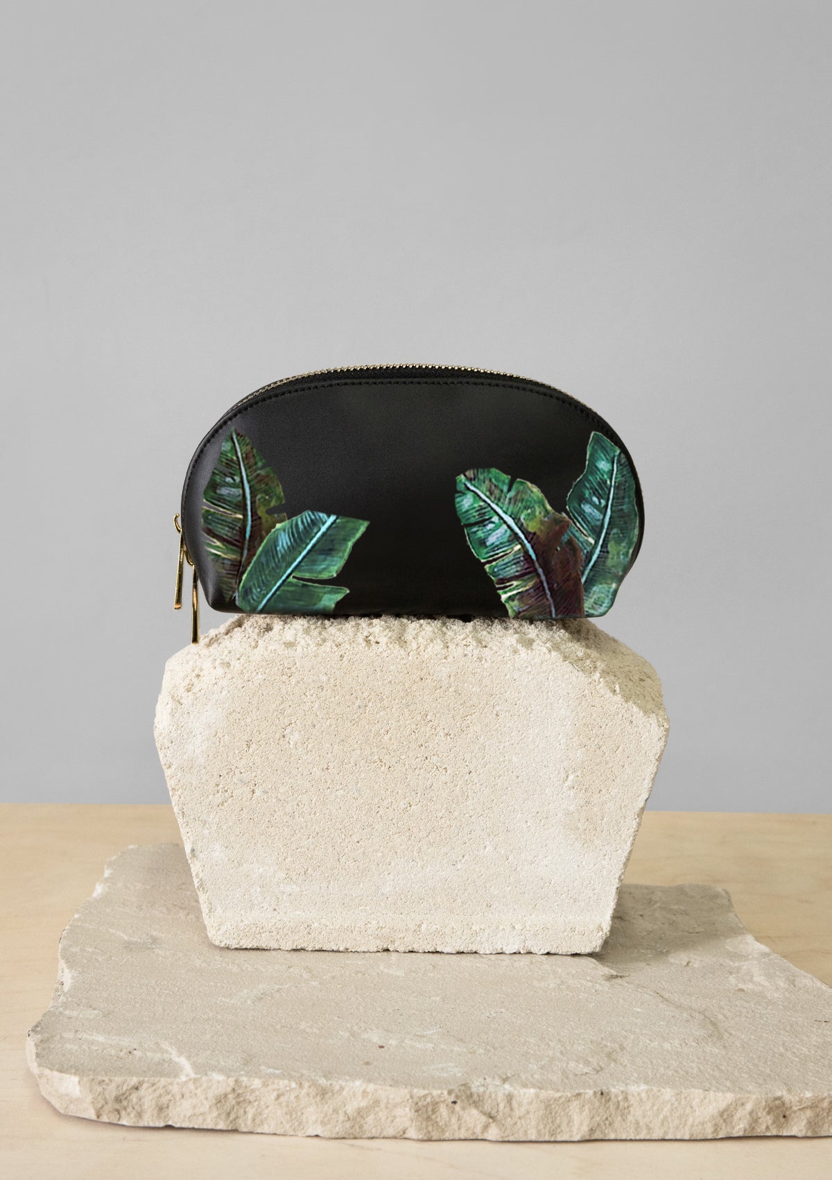 Green Palms Black Makeup Bag