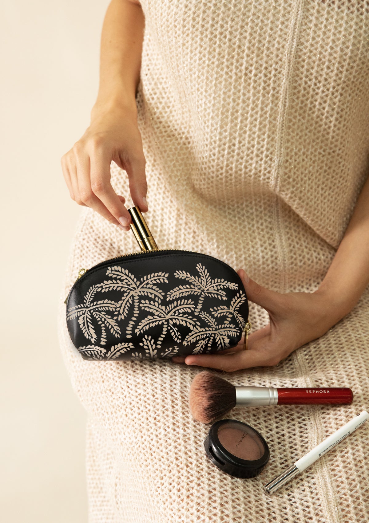Beige Abstract Palms Black Makeup Bag