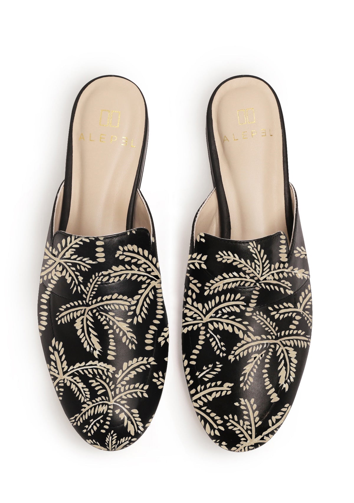 Beige Abstract Palms Black Mule - ALEPEL