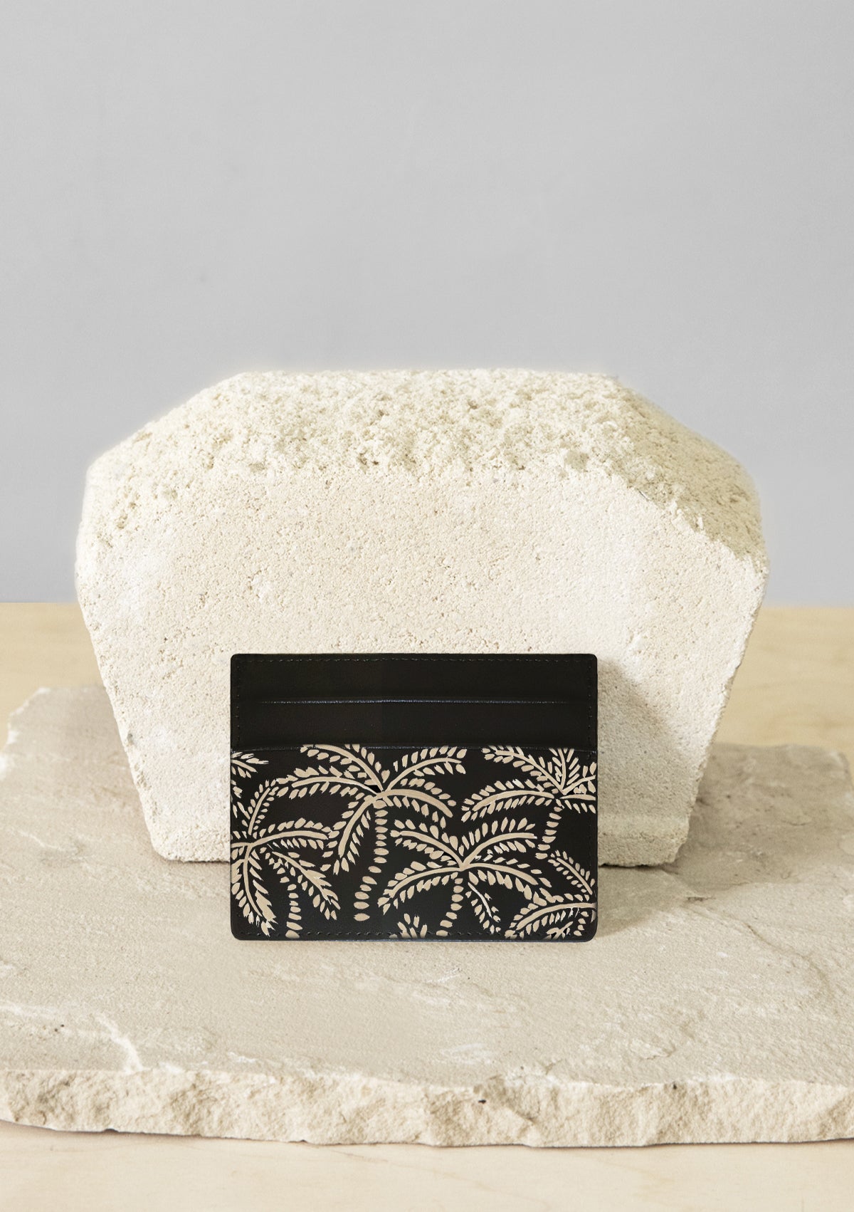 Beige Abstract Palms Black Cardholder