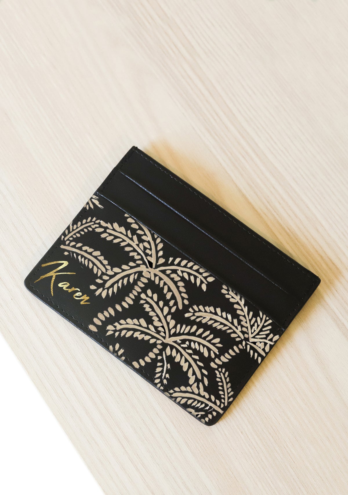 Beige Abstract Palms Black Cardholder