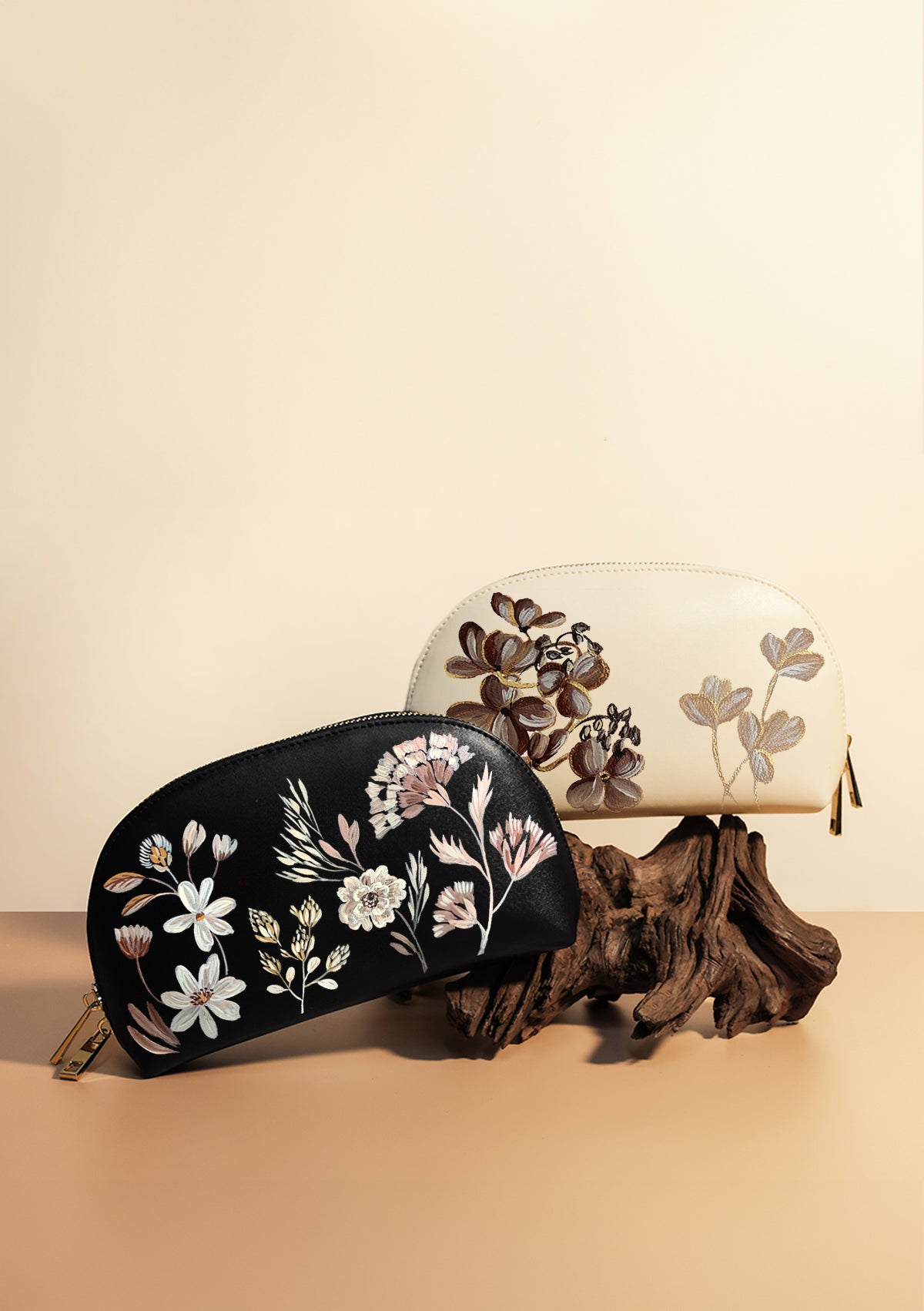 Coffee Flowers Beige Makeup Bag