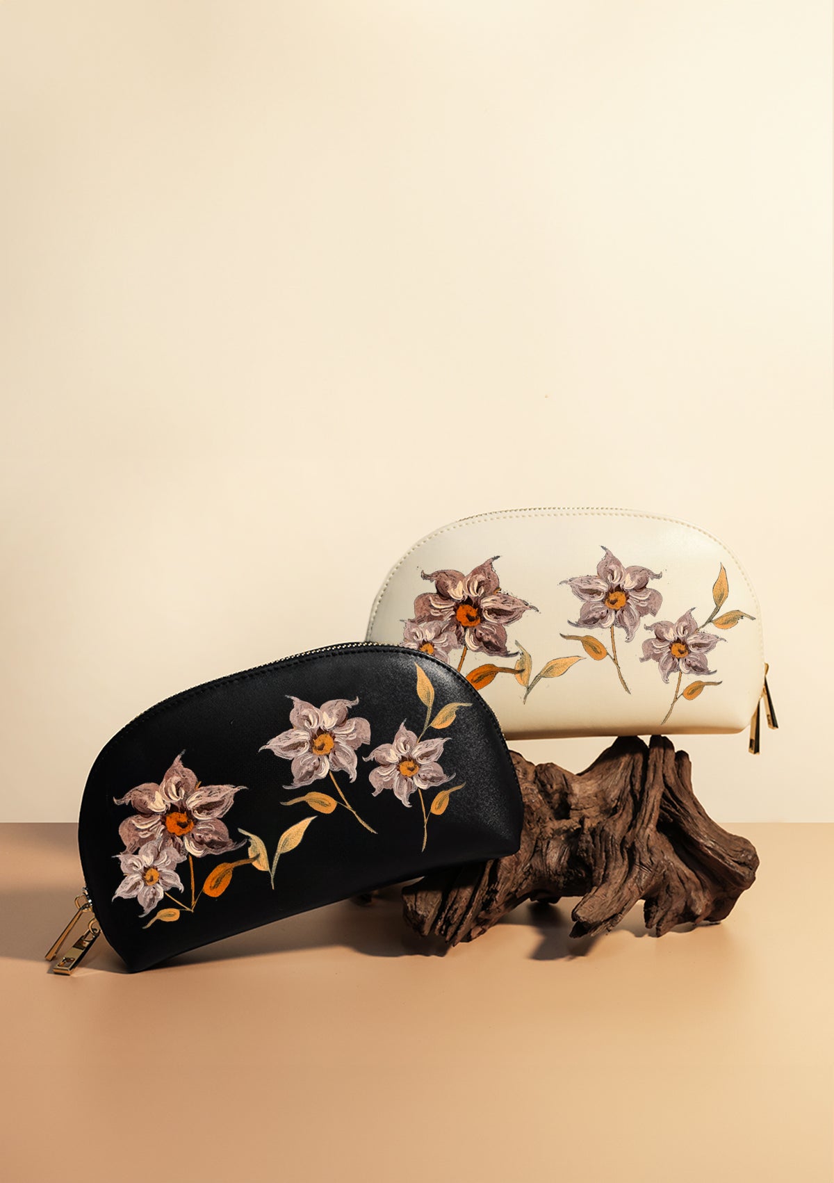 Caramel Florals Black Makeup Bag