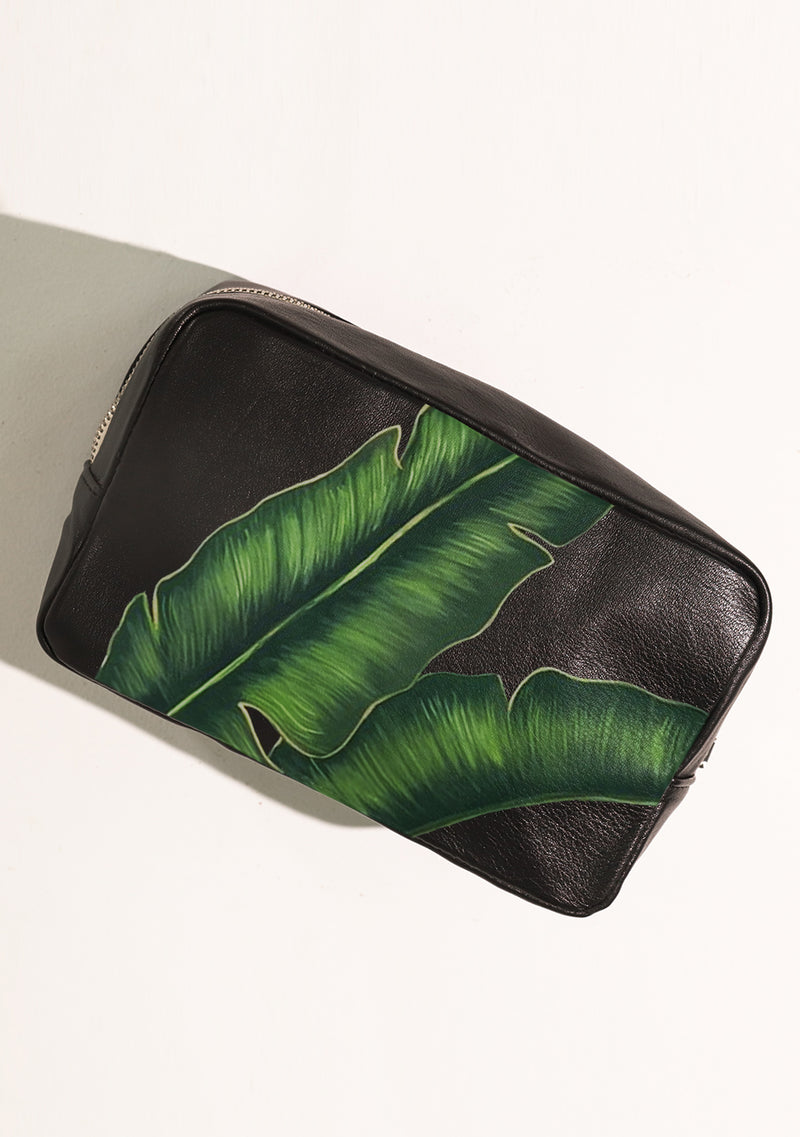 Green Leaves Black Travel Pouch