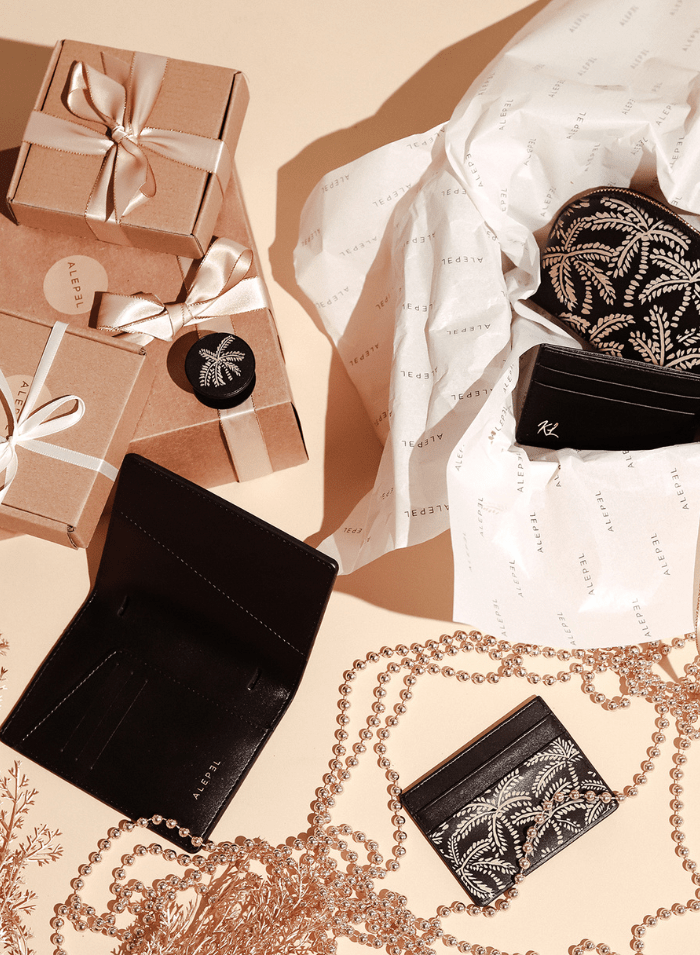 Beige Abstract Palms Black Cardholder - ALEPEL