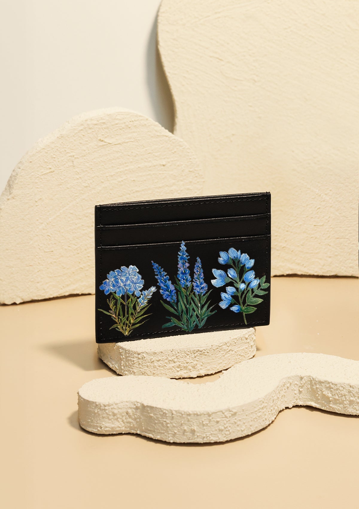 Blue Flowers Black Cardholder - ALEPEL
