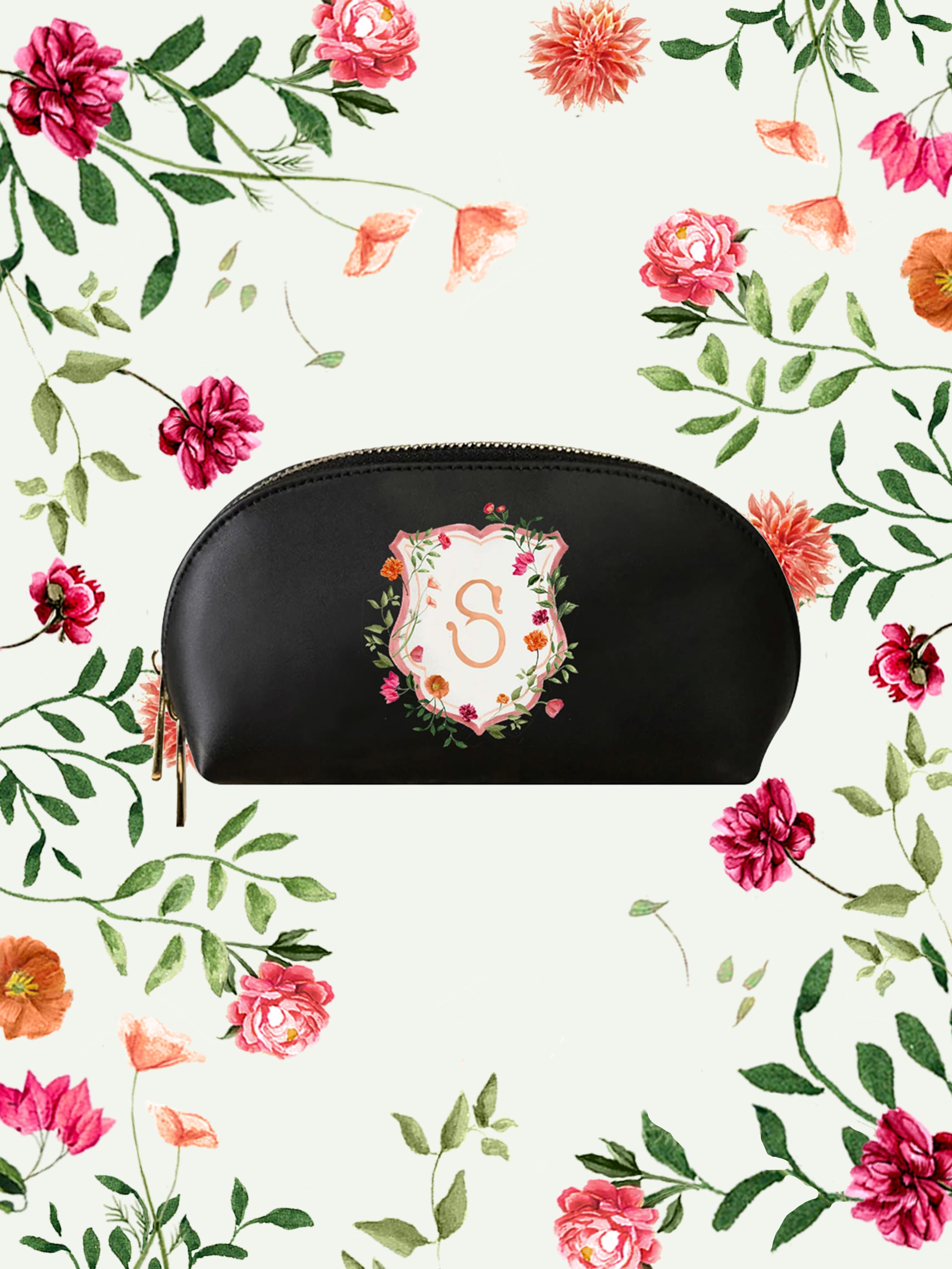 Bougainvillea Crest Black Makeup Bag | Bridal by Emily Mayne Studio x ALEPEL - ALEPEL