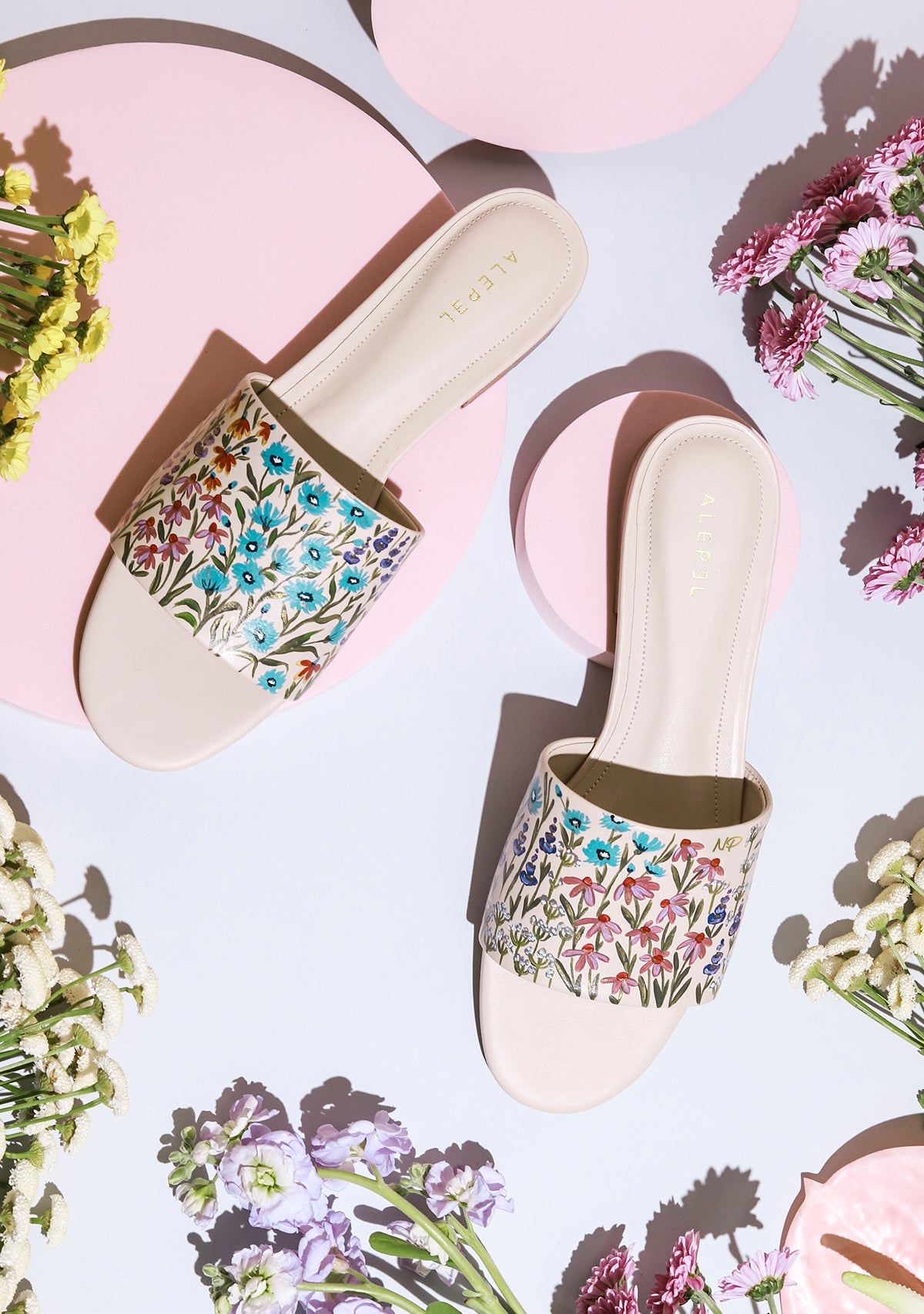 Floral Print Beige Slide - ALEPEL