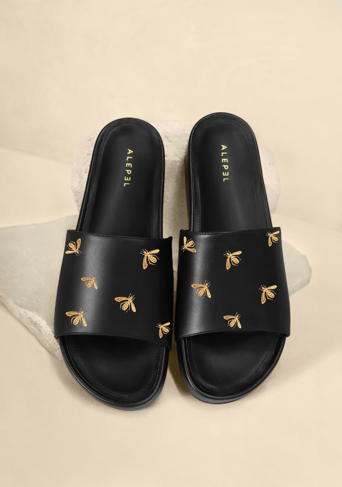Gold Metallic Bees Black Slip On - ALEPEL