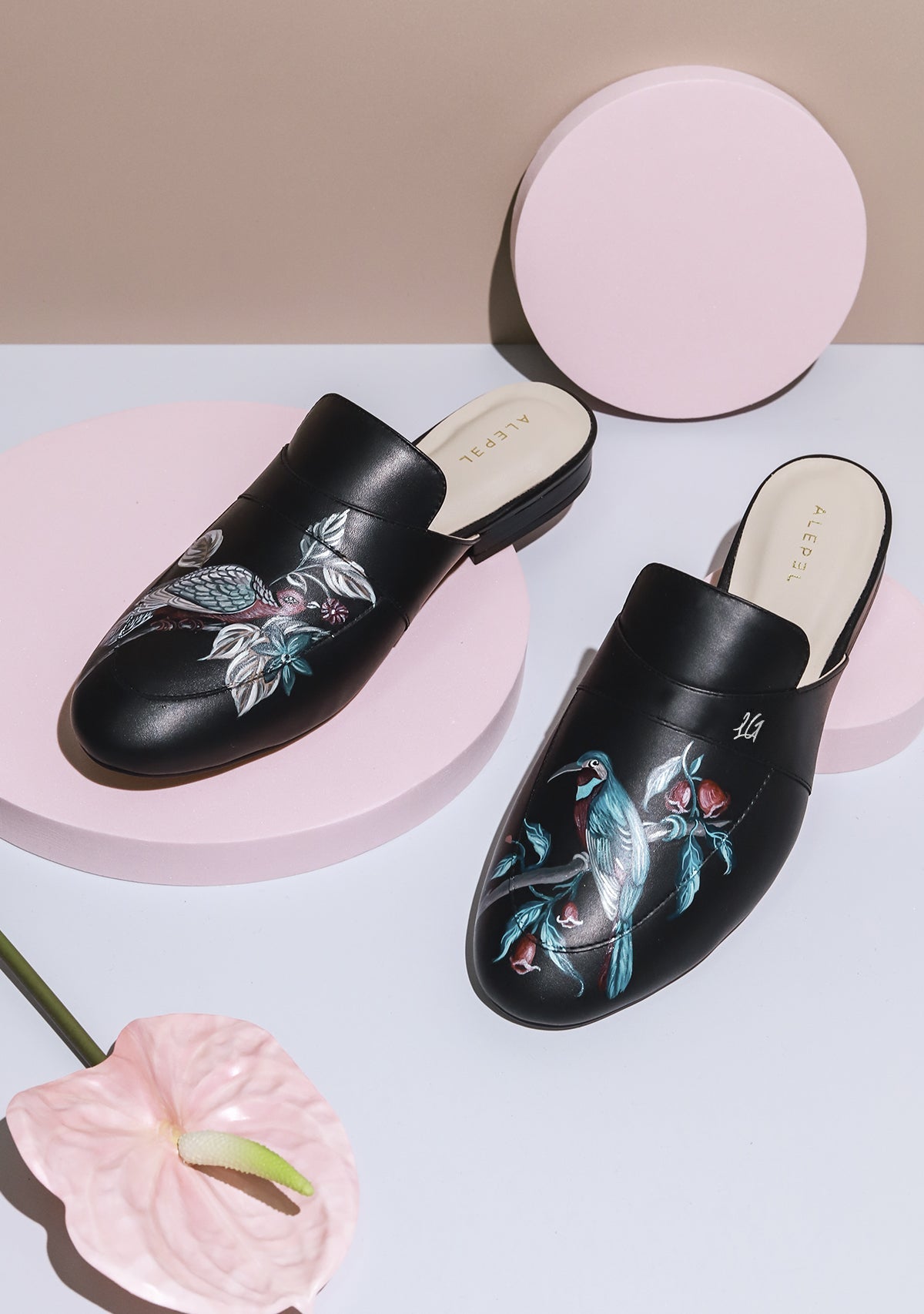 Plum Birds Black Mule - ALEPEL