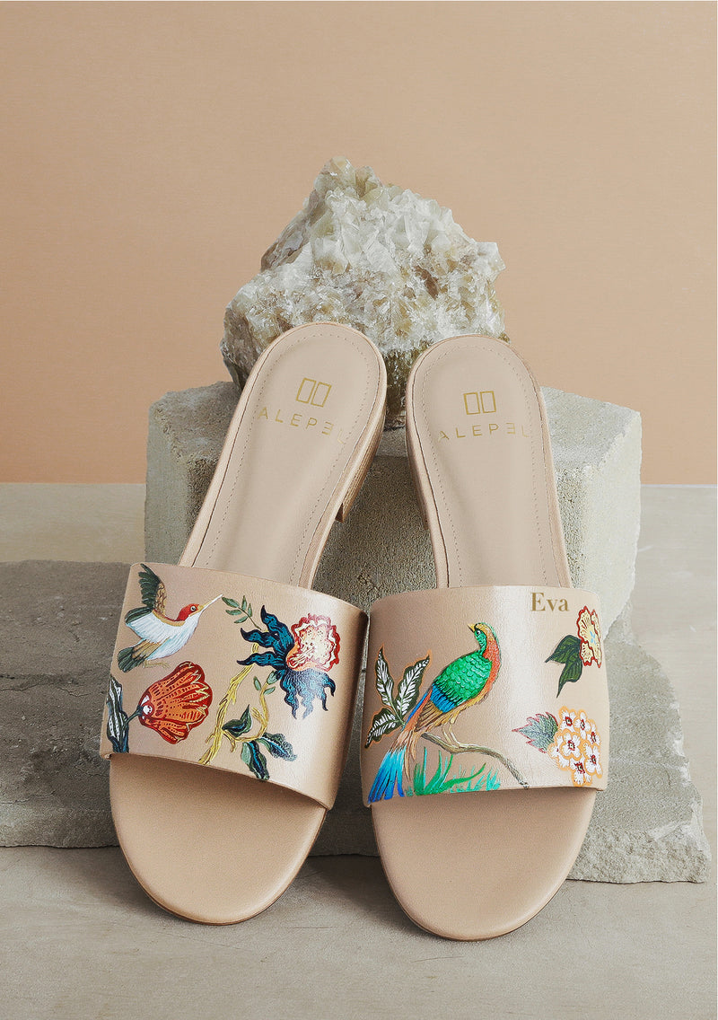 Multicolor Floral Bird Leather Nude Slide With Monogram