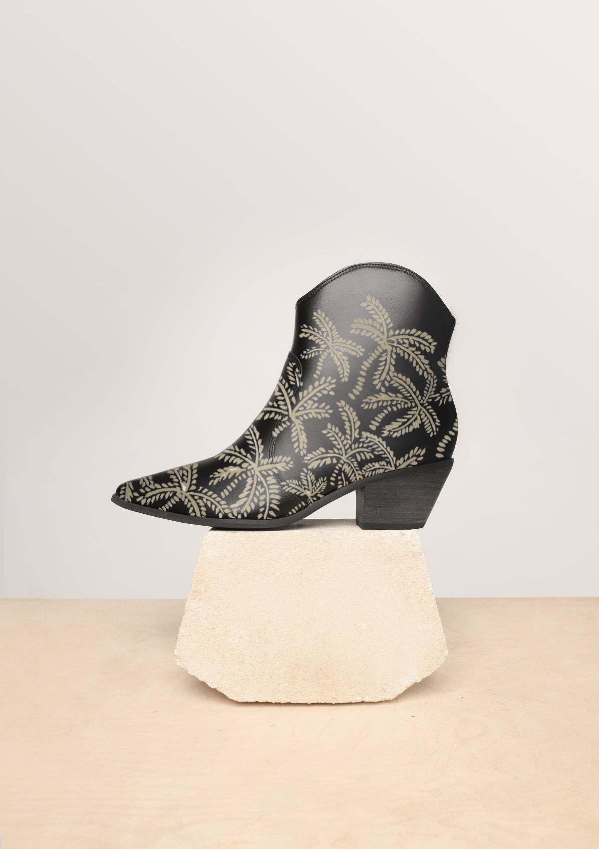 Beige Abstract Palms Black Cowboy Boot