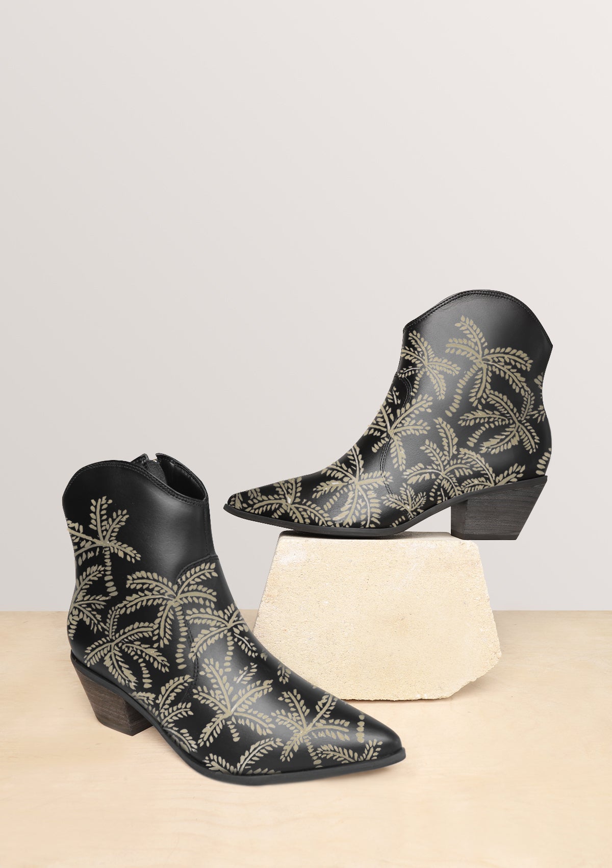 Beige Abstract Palms Black Cowboy Boot