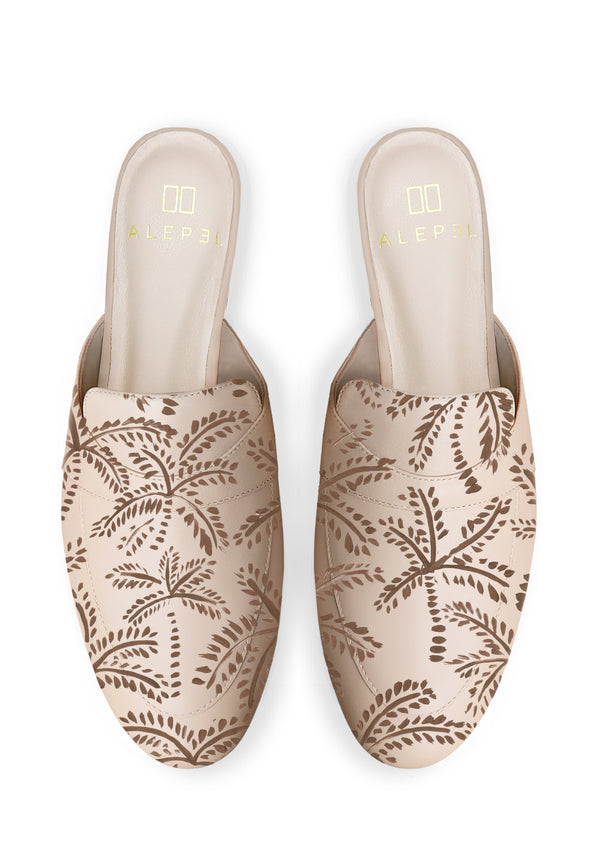 Taupe Abstract Palms Beige Mule