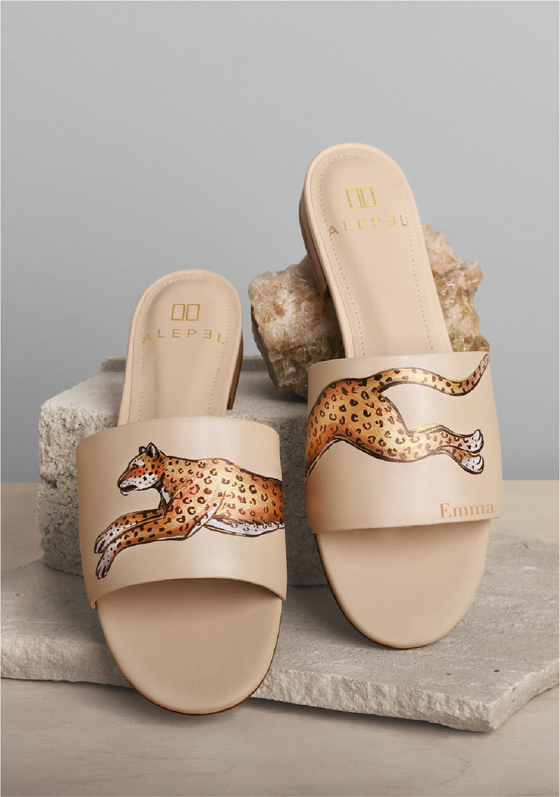 Leopard Print Nude Leather Slide With Monogram