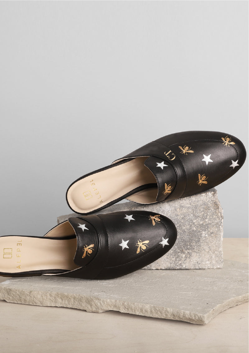 Metallic Bees and Stars Hand Painted Black Leather Mule