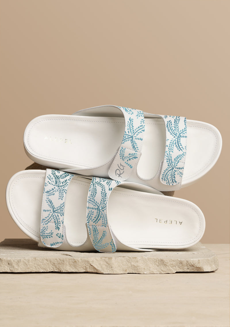 Blue Abstract Palms White Sandal