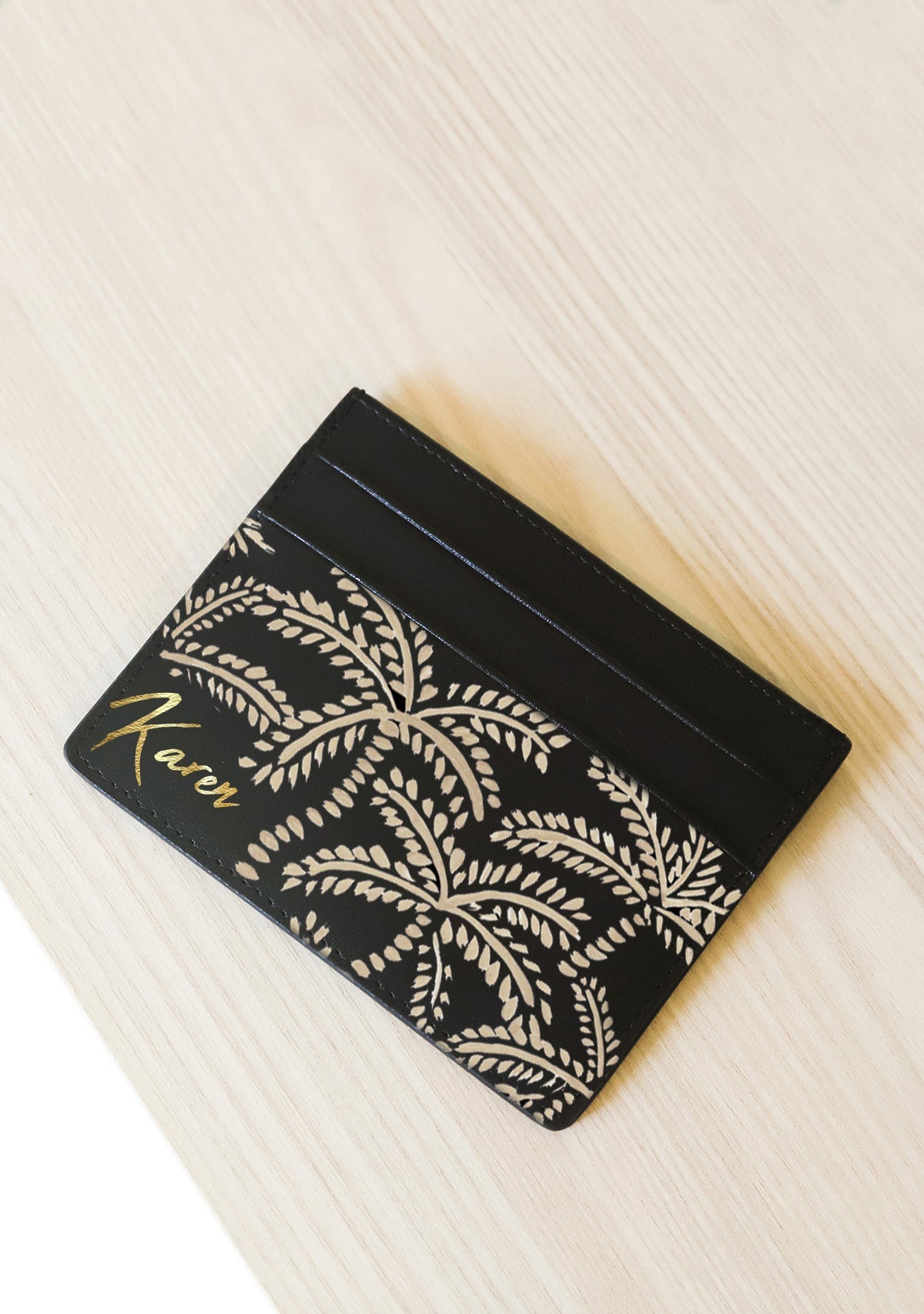 Beige Abstract Palms Black Cardholder - ALEPEL