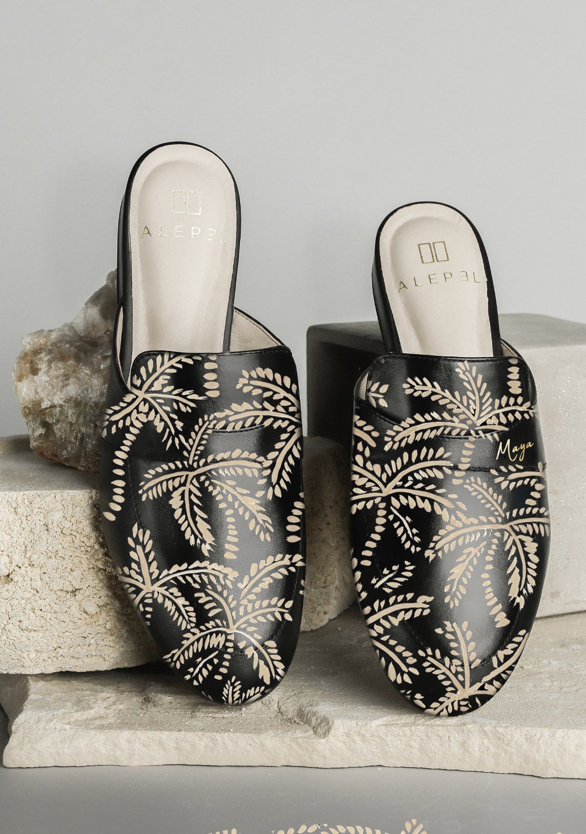Beige Abstract Palms Black Mule - ALEPEL